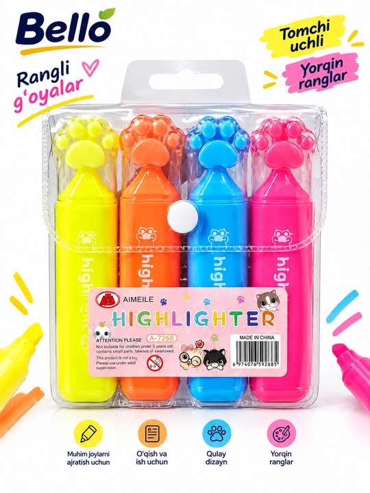 Rangli marker-highlighterlar to‘plami, panja shaklli, 4 dona - 