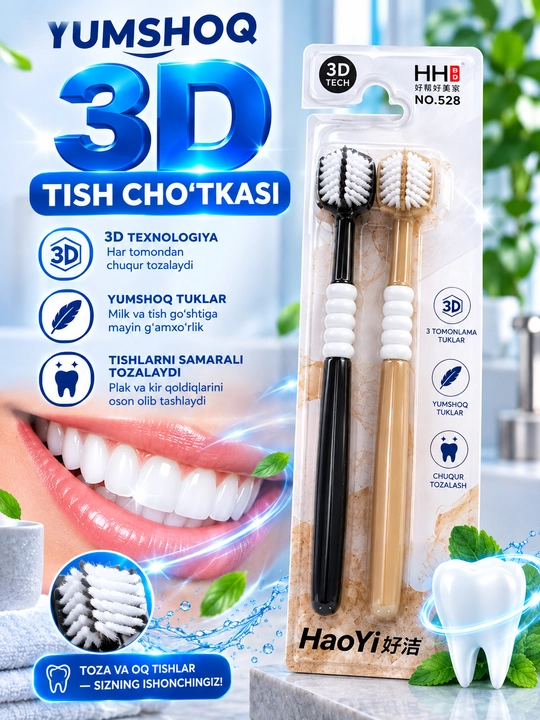 3 Tomonlama tish cho'tkasi. 3D cho'tka. Bir qadoqda ikki dona