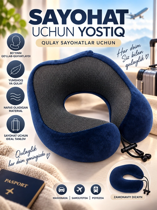 Sayohat uchun bo‘yin yostig‘i U shaklli, samolyot avtomobil va poyezd uchun - 