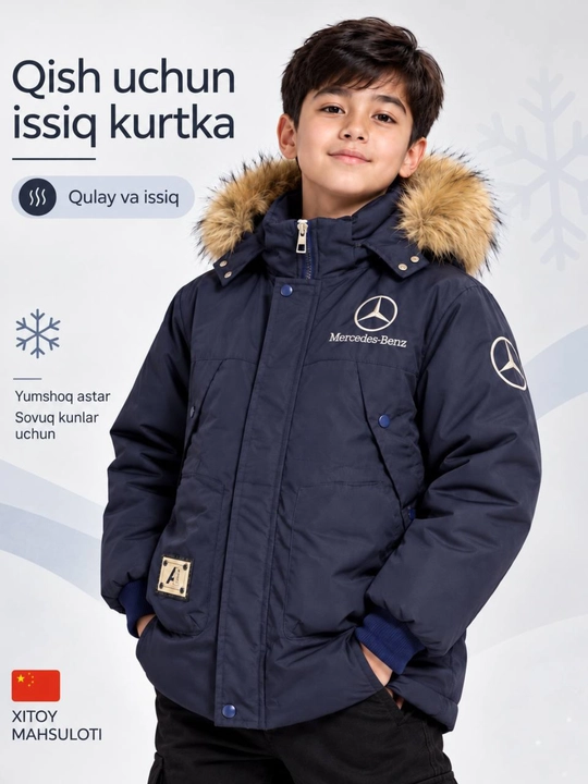 O‘g‘il bolalar uchun qishki kurtka, issiq, qalin, mo‘ynali kapyushonli - 
