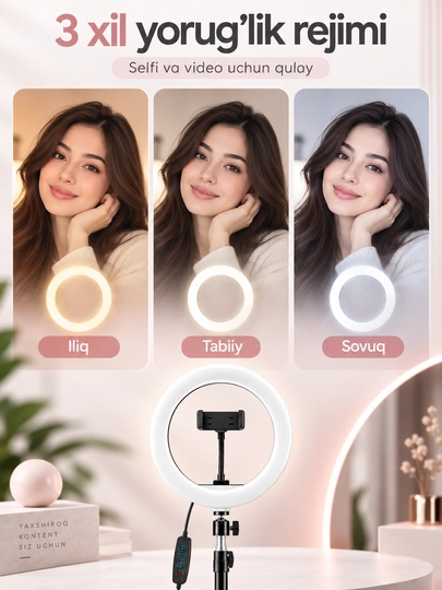 LED halqali lampa XT-260, 26 sm, telefon ushlagichli, sozlanadigan stendli blogerlar uchun