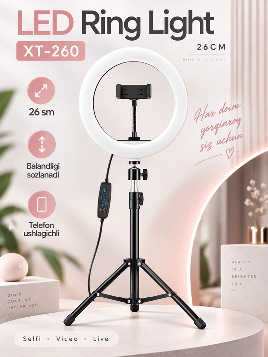 LED halqali lampa XT-260, 26 sm, telefon ushlagichli, sozlanadigan stendli blogerlar uchun