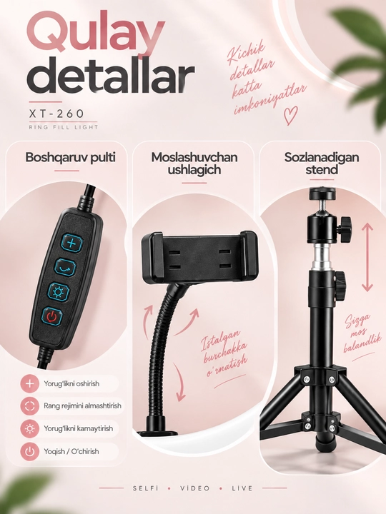LED halqali lampa XT-260, 26 sm, telefon ushlagichli, sozlanadigan stendli blogerlar uchun
