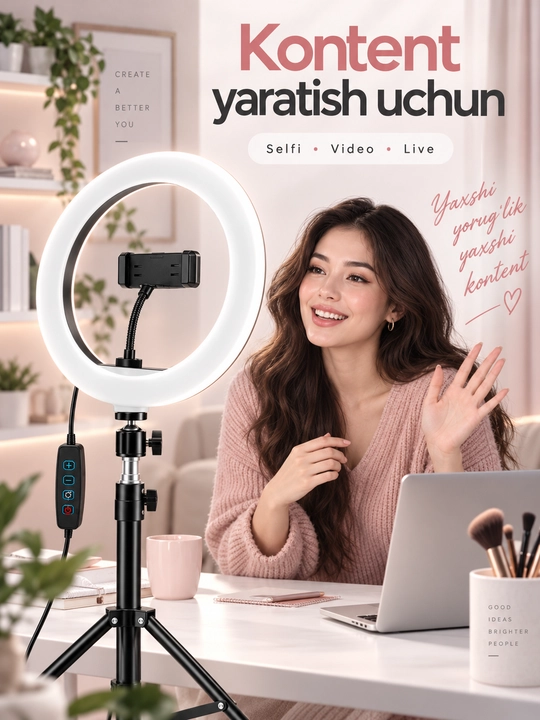 LED halqali lampa XT-260, 26 sm, telefon ushlagichli, sozlanadigan stendli blogerlar uchun - 