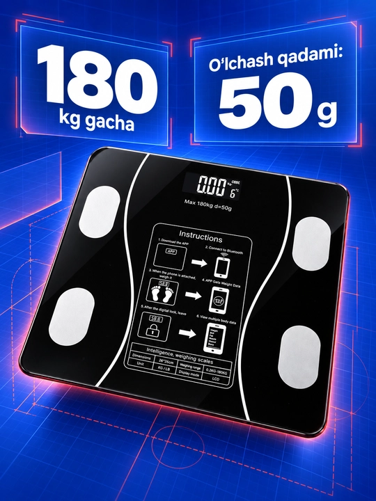 Aqlli elektron tarozi, 180 kg gacha, 50 g qadam, ilova bilan kuzatish, 26×26 sm