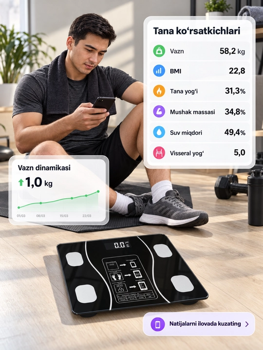 Aqlli elektron tarozi, 180 kg gacha, 50 g qadam, ilova bilan kuzatish, 26×26 sm