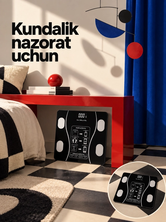 Aqlli elektron tarozi, 180 kg gacha, 50 g qadam, ilova bilan kuzatish, 26×26 sm