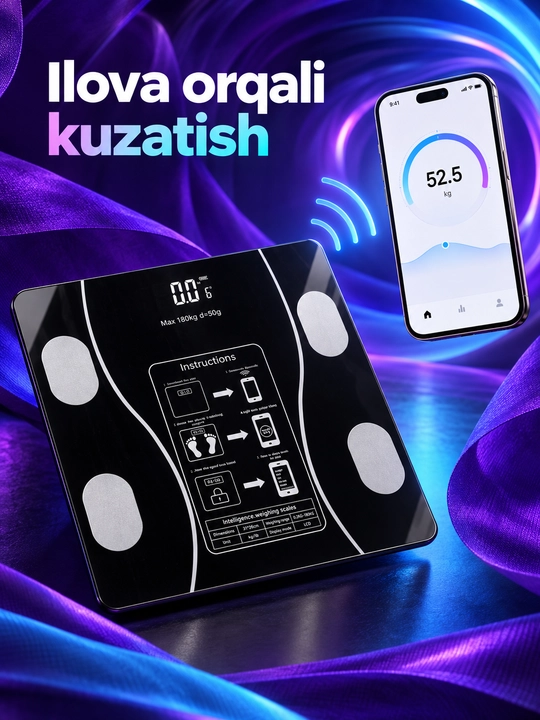 Aqlli elektron tarozi, 180 kg gacha, 50 g qadam, ilova bilan kuzatish, 26×26 sm