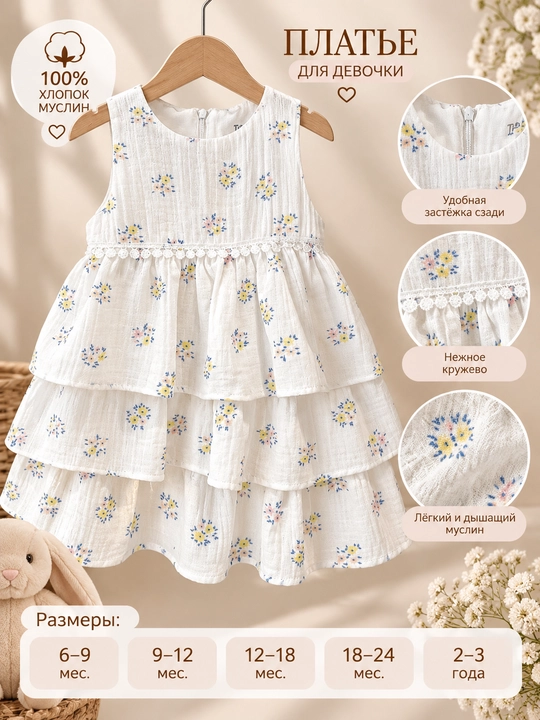 Tiffany Baby muslin ko‘ylak, ekru rangda gulli print va ko‘p qavatli yubka bilan - 