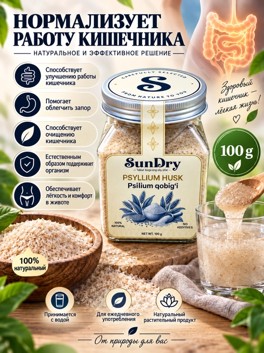 Псиллиум шелуха семян подорожника, SunDry, 100гр