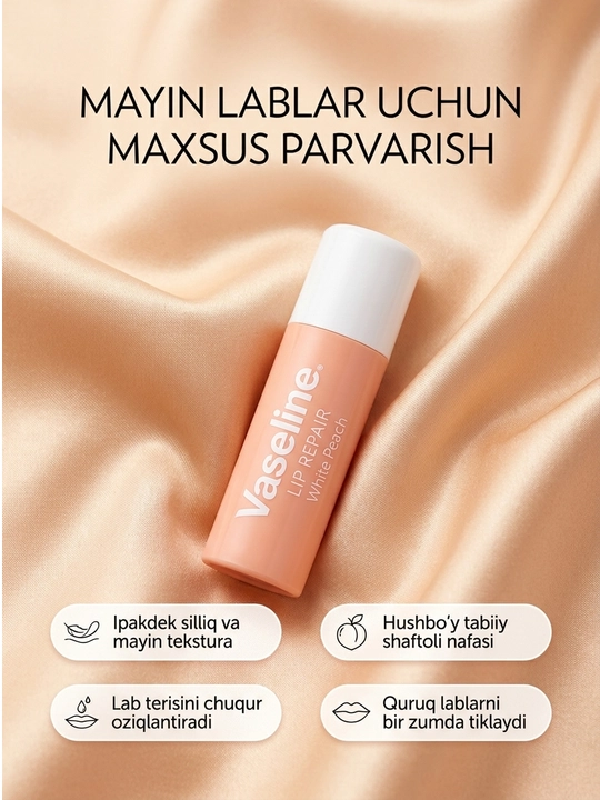 Vaseline lab balzami, namlantiruvchi lab parvarishi, turli variantlar
