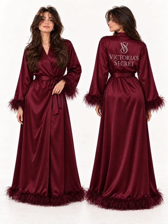 Ayollar uchun uzun atlas xalat, yeng va etagi patli, belbog‘li, Freesize 44–48 - 