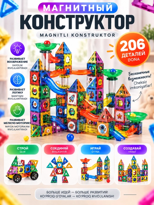 Магнитный конструктор DIY с фигурками,трубками,шариками 73/94/126/206/234/349 деталей 3+