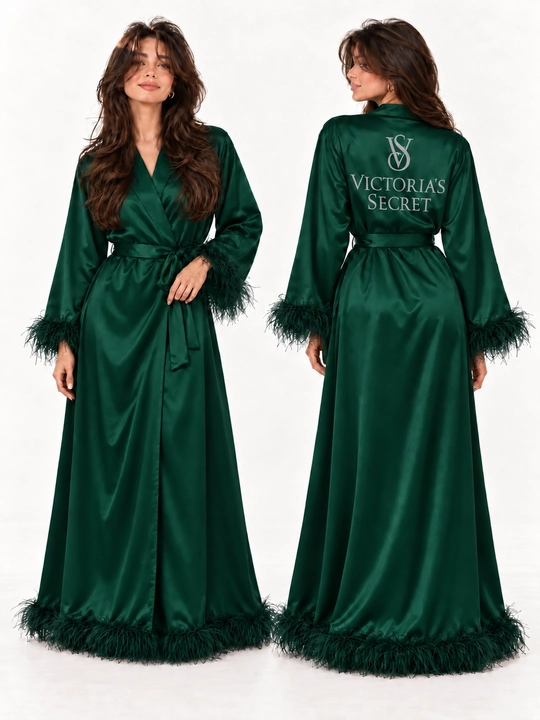 Ayollar uchun uzun atlas xalat, yeng va etagi patli, belbog‘li, Freesize 44–48 - 