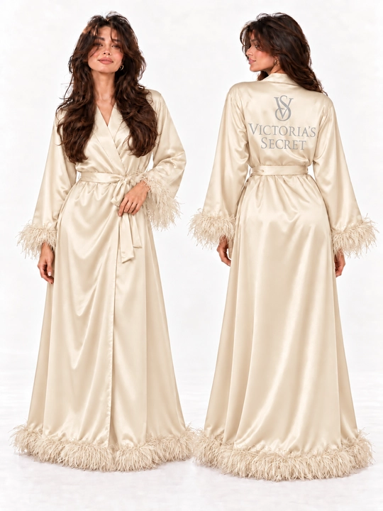 Ayollar uchun uzun atlas xalat, yeng va etagi patli, belbog‘li, Freesize 44–48 - 