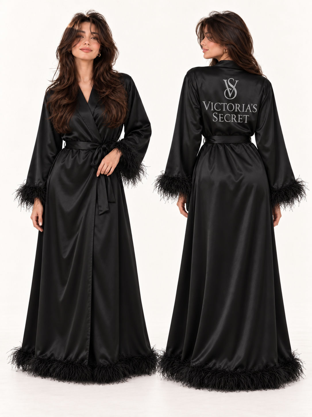 Ayollar uchun uzun atlas xalat, yeng va etagi patli, belbog‘li, Freesize 44–48 - 