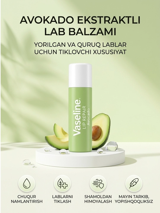 Vaseline lab balzami, namlantiruvchi lab parvarishi, turli variantlar
