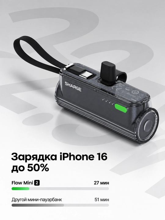 Powerbank SHARGE Flow Mini 2, 5000 mAh, 22,5 W, USB-C va Lightning
