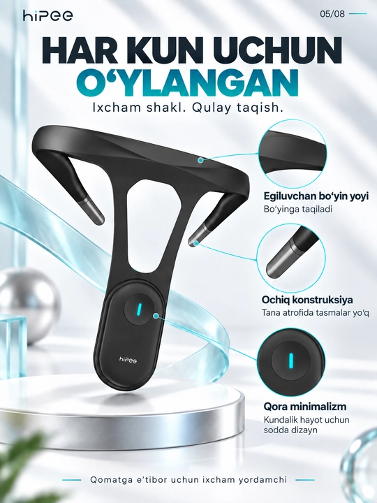 HiPee aqlli qomat korrektori, vibroeslatma, Bluetooth va ilova bilan, qora
