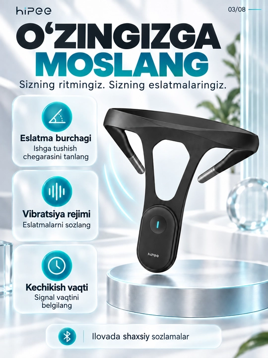 HiPee aqlli qomat korrektori, vibroeslatma, Bluetooth va ilova bilan, qora