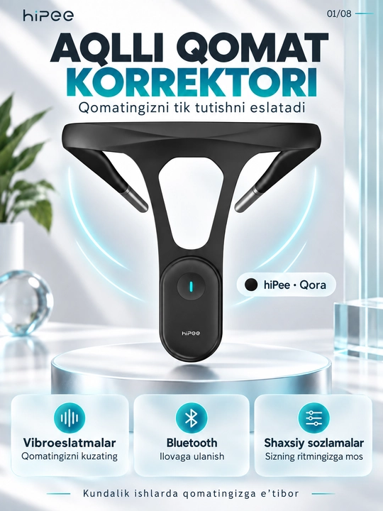 HiPee aqlli qomat korrektori, vibroeslatma, Bluetooth va ilova bilan, qora