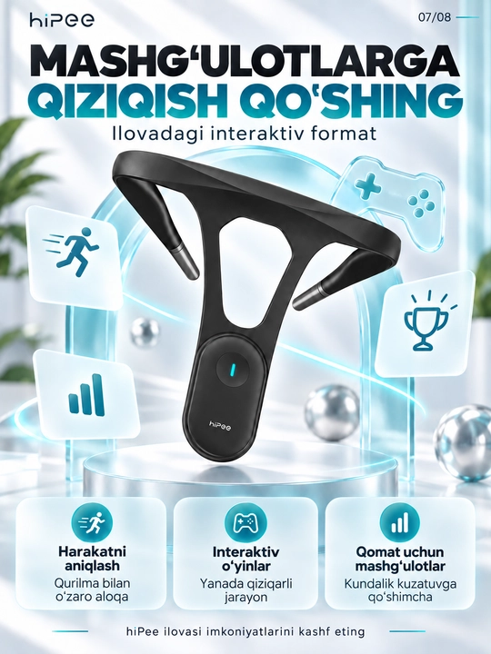 HiPee aqlli qomat korrektori, vibroeslatma, Bluetooth va ilova bilan, qora