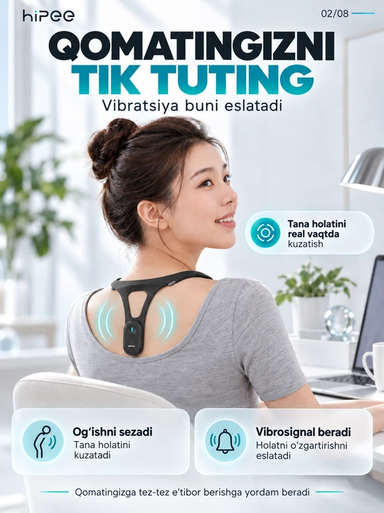 HiPee aqlli qomat korrektori, vibroeslatma, Bluetooth va ilova bilan, qora