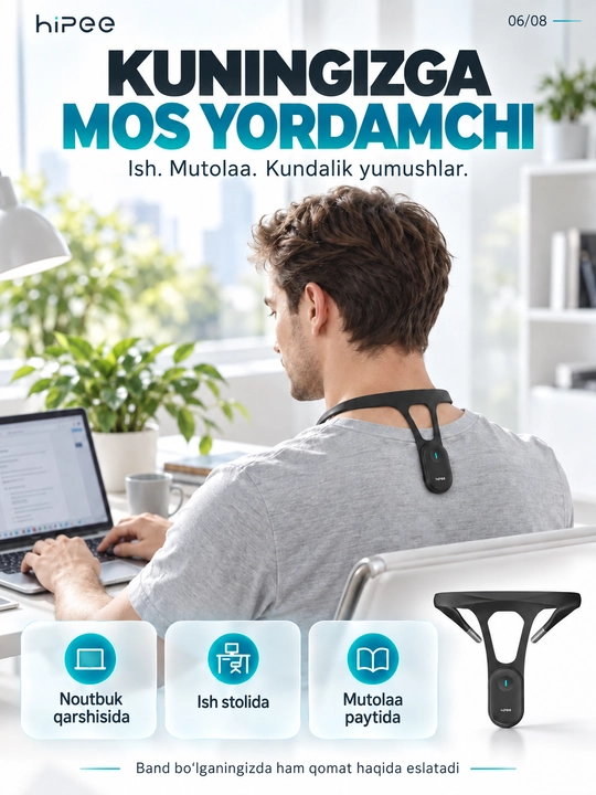 HiPee aqlli qomat korrektori, vibroeslatma, Bluetooth va ilova bilan, qora