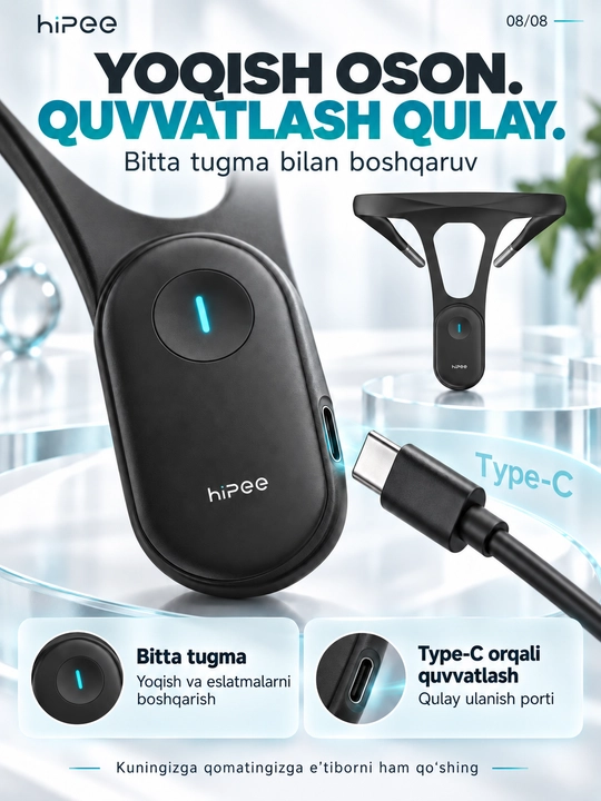 HiPee aqlli qomat korrektori, vibroeslatma, Bluetooth va ilova bilan, qora