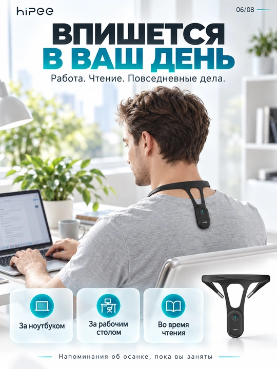 HiPee aqlli qomat korrektori, vibroeslatma, Bluetooth va ilova bilan, qora