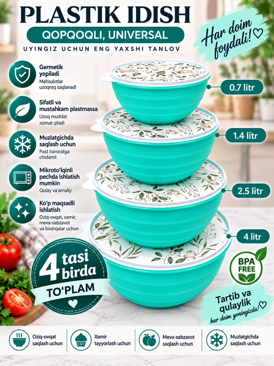 Qopqoqli plastik idish, oziq-ovqat konteyneri 0,7–4 L, 4 tasi birda to‘plam - 