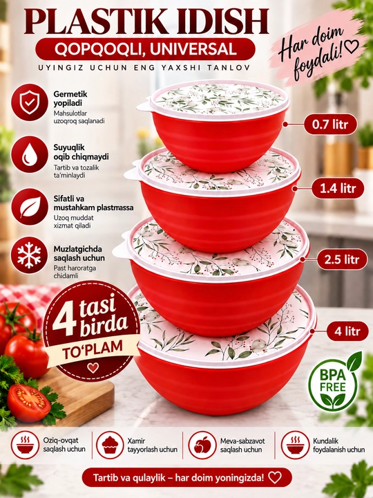 Qopqoqli plastik idish, oziq-ovqat konteyneri 0,7–4 L, 4 tasi birda to‘plam - 