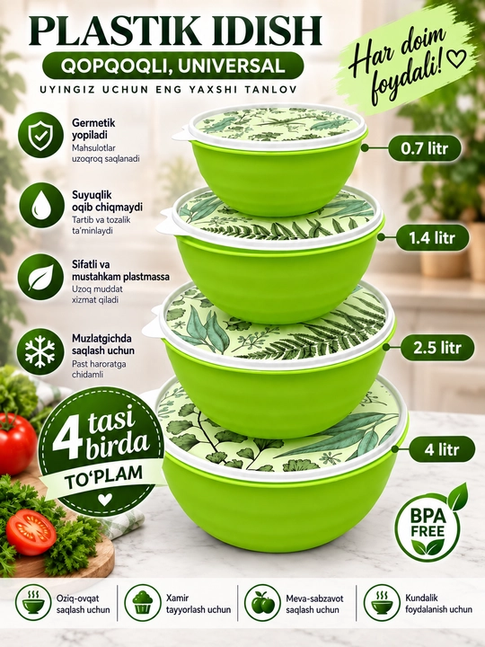 Qopqoqli plastik idish, oziq-ovqat konteyneri 0,7–4 L, 4 tasi birda to‘plam - 