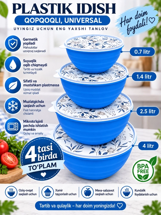 Qopqoqli plastik idish, oziq-ovqat konteyneri 0,7–4 L, 4 tasi birda to‘plam - 