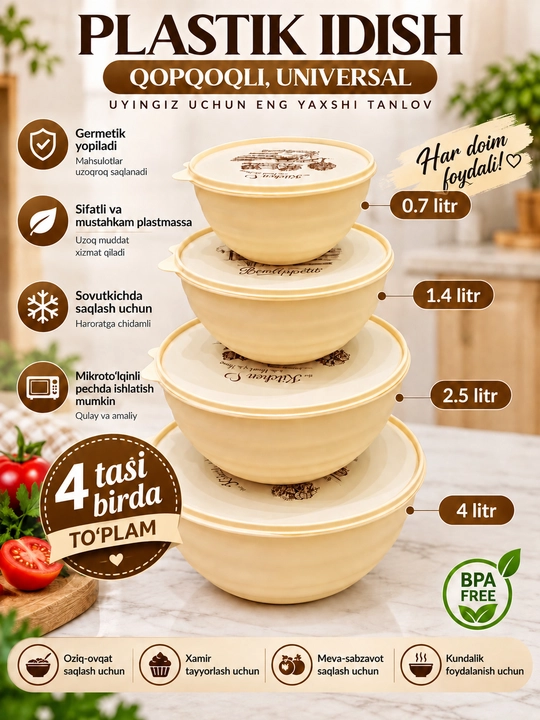 Qopqoqli plastik idish, oziq-ovqat konteyneri 0,7–4 L, 4 tasi birda to‘plam - 