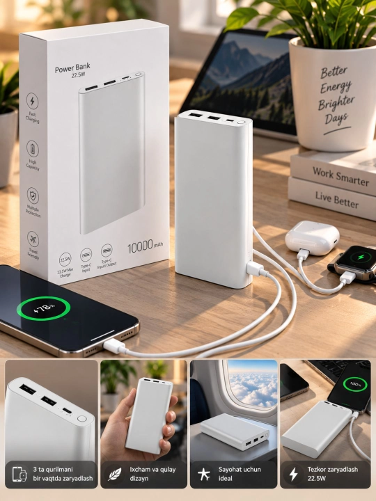 10000/20000 mAh Power Bank, 22.5W tezkor zaryad, Type-C kirish/chiqish bilan