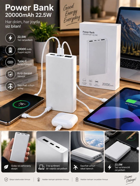 10000/20000 mAh Power Bank, 22.5W tezkor zaryad, Type-C kirish/chiqish bilan