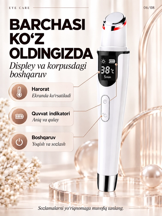 Isitish, tebranish va LED yoritgichli, USB-C bilan jihozlangan ko‘z atrofidagi teri uchun massaj moslamasi