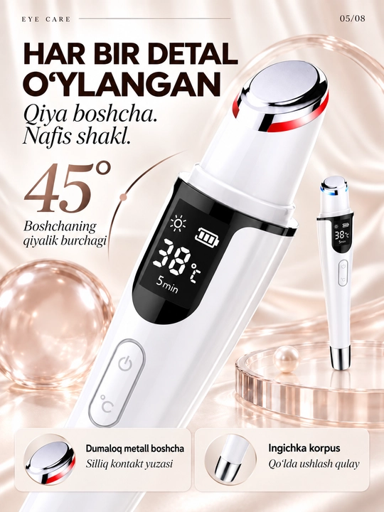 Isitish, tebranish va LED yoritgichli, USB-C bilan jihozlangan ko‘z atrofidagi teri uchun massaj moslamasi