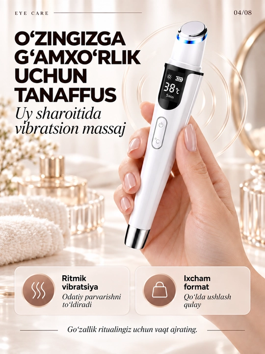 Isitish, tebranish va LED yoritgichli, USB-C bilan jihozlangan ko‘z atrofidagi teri uchun massaj moslamasi