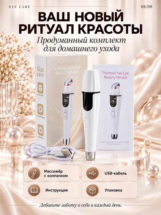 Isitish, tebranish va LED yoritgichli, USB-C bilan jihozlangan ko‘z atrofidagi teri uchun massaj moslamasi