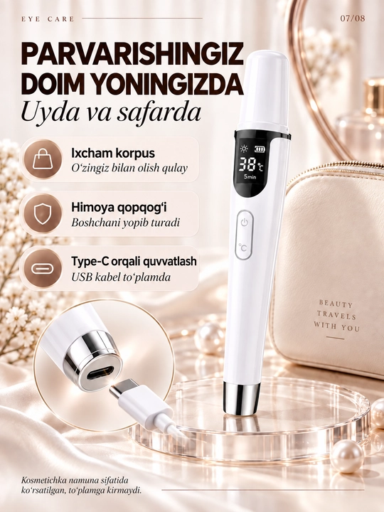 Isitish, tebranish va LED yoritgichli, USB-C bilan jihozlangan ko‘z atrofidagi teri uchun massaj moslamasi