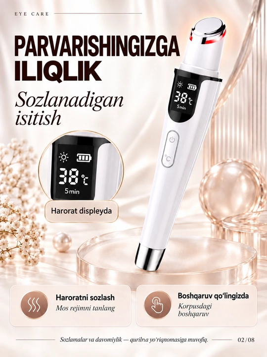 Isitish, tebranish va LED yoritgichli, USB-C bilan jihozlangan ko‘z atrofidagi teri uchun massaj moslamasi