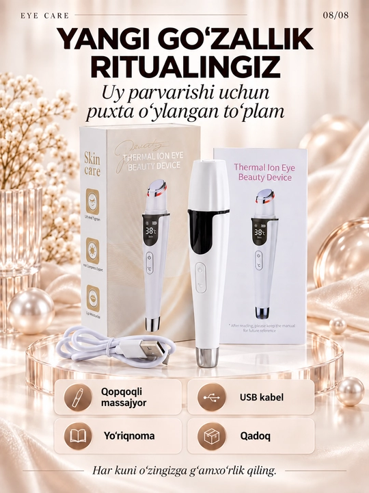 Isitish, tebranish va LED yoritgichli, USB-C bilan jihozlangan ko‘z atrofidagi teri uchun massaj moslamasi
