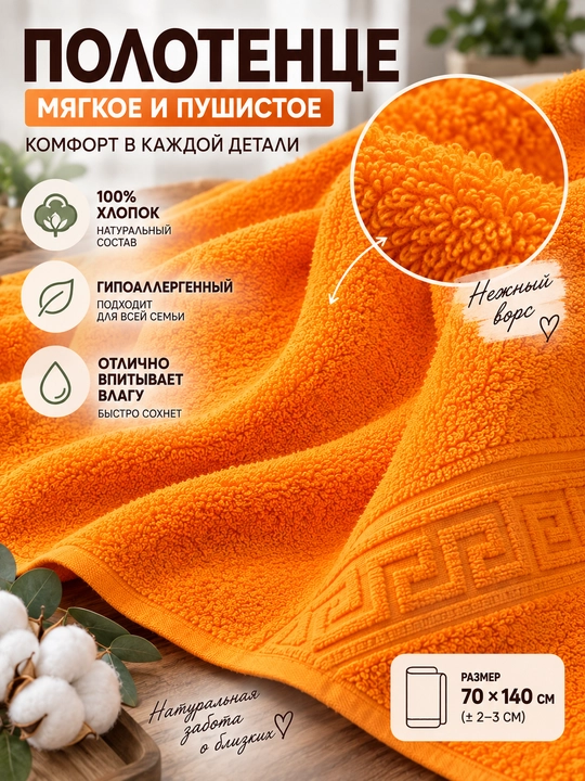 Полотенце банное махровое, 100% хлопок, 70×140 см, оранжевое