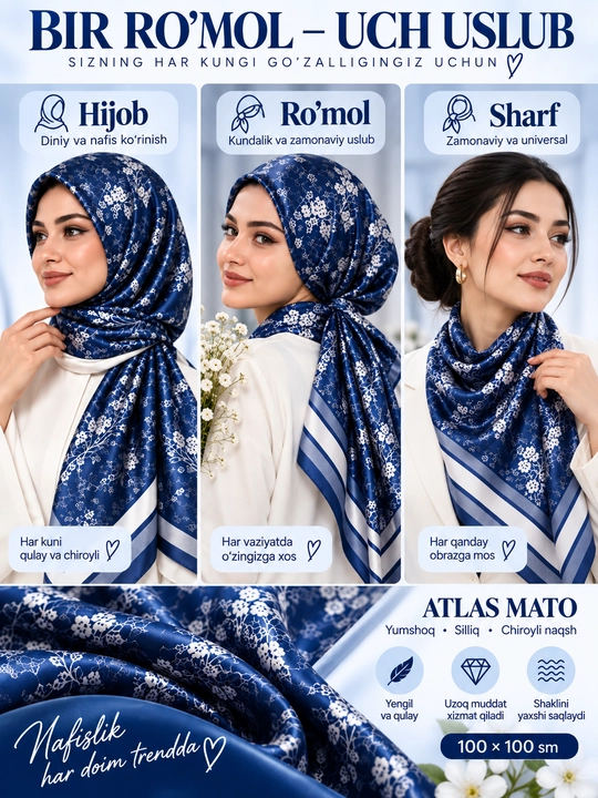 Ayollar uchun atlas hijob ro‘mol, naqshli sharf, zamonaviy ayollar ro‘moli