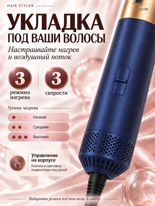 6 tasi 1 da fen-stayler, 1200 Vt, ionizatsiya, jingalaklash nasadkalari va saqlash qutisi