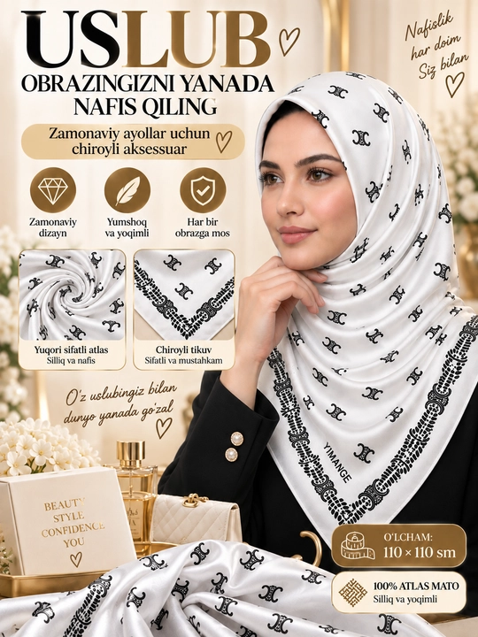 Ayollar uchun atlas hijob ro‘mol, naqshli sharf, zamonaviy ayollar ro‘moli