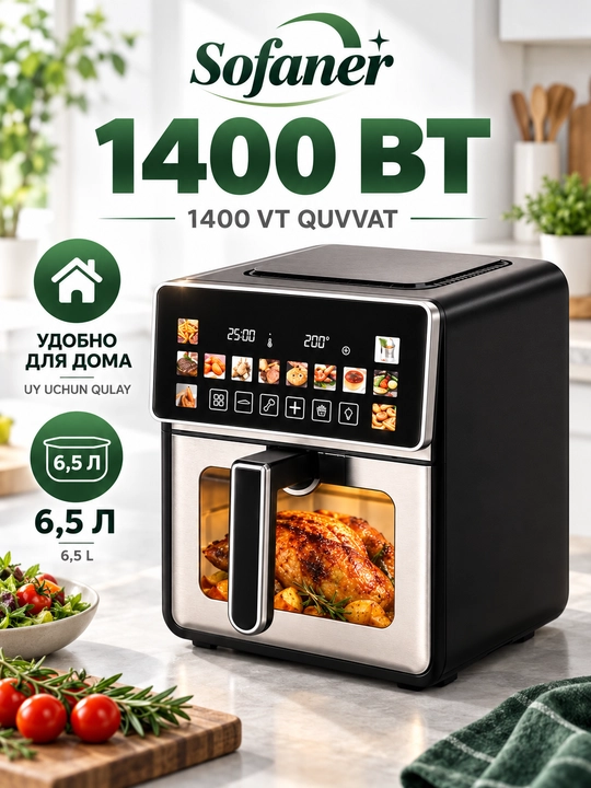 Aerogril SOFANER  6-10 l, yog‘siz qovurish, 1100-1400 Vt quvvatli, ko‘p funksiyali