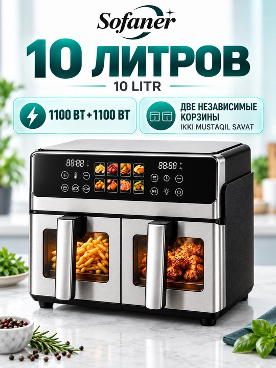 Aerogril SOFANER  6-10 l, yog‘siz qovurish, 1100-1400 Vt quvvatli, ko‘p funksiyali